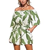 CUPSHE Women's Summer Casual 3/4 Sleeve Romper Wide Leg Floral Tropical Off Shoulder Elastic Waist Jumpsuit with Pockets