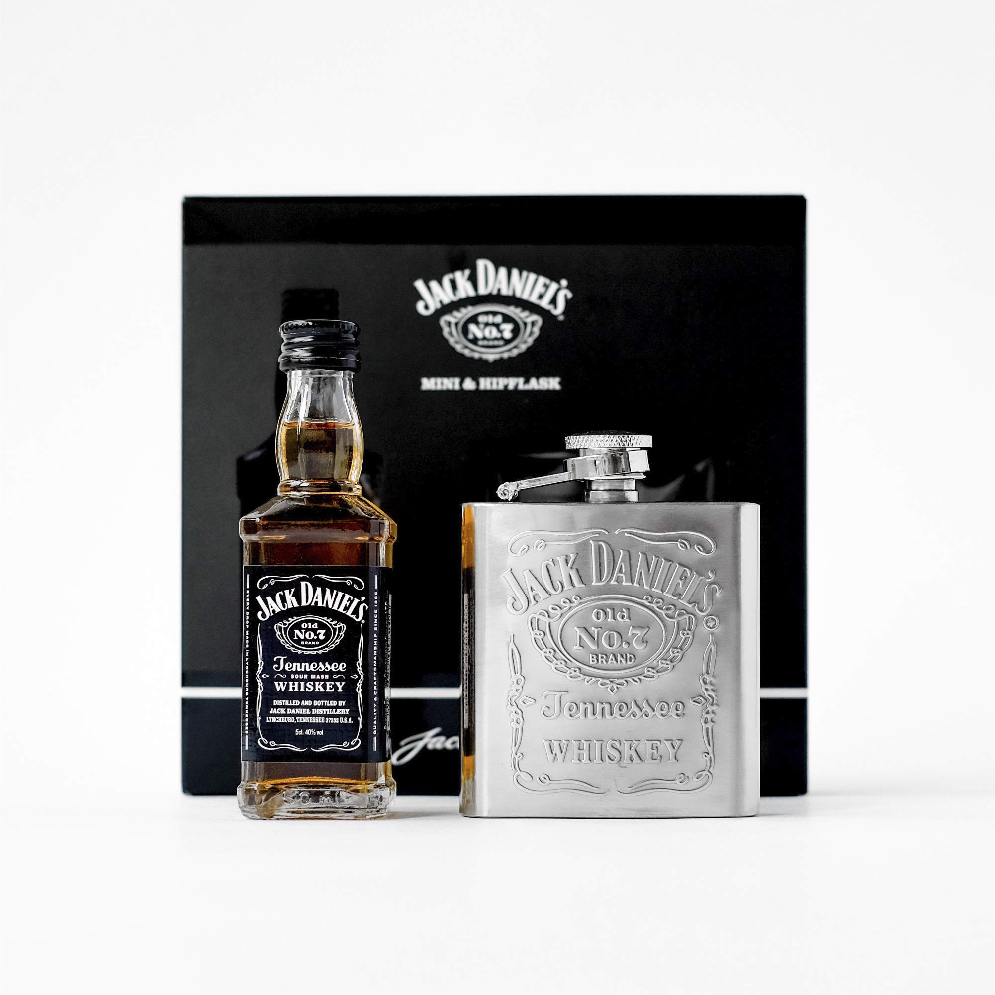 Jack Daniel's Whiskey 5cl Miniature and Hip Flask | Official Old No. 7 Brand Engraved 3oz Whiskey Hip Flask and Jack Daniels Old No. 7 Tennessee, 5 cl | Perfect Jack Daniels Whisky Gift Set