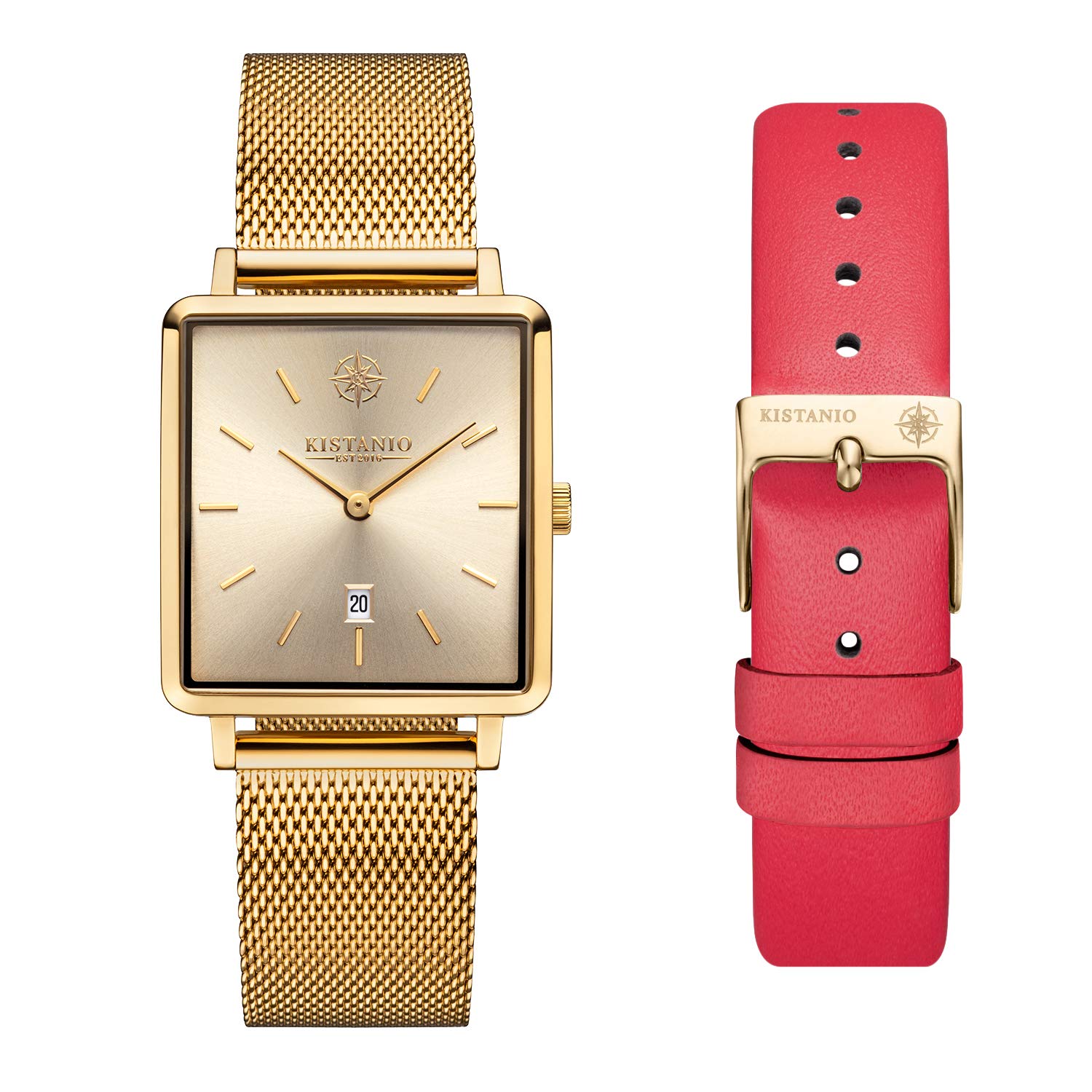 Kistanio Carre GO-GOS-M-L-RTN Women's Watch with Sapphire Glass and Milanese Strap + Extra Leather Strap, Bracelet