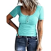 KINLONSAIR Women’s Short Sleeve Henley T Shirts Button Down Slim Fit Tops Scoop Neck Ribbed Knit Shirts