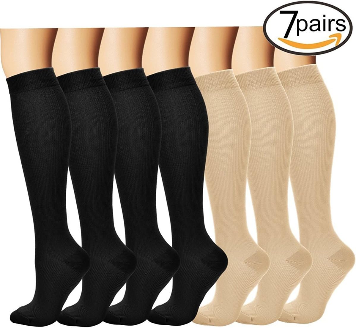 (3/7pairs)Compression Socks/Stockings for Men & Women (15-20 mmhg) Best Graduated Athletic Fit for Running, Nurses, Shin Splints, Flight Travel & Maternity Pregnancy - Boost Stamina, Circulation & Recovery (7 pairs(4 Black 3 Beige), Small / Medium)