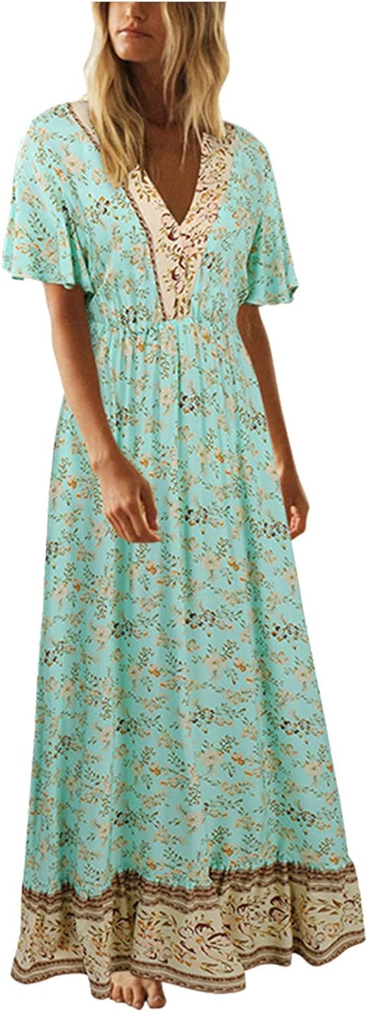 Women's Long Summer Bohemian Dress Sexy VNeck Floral Short