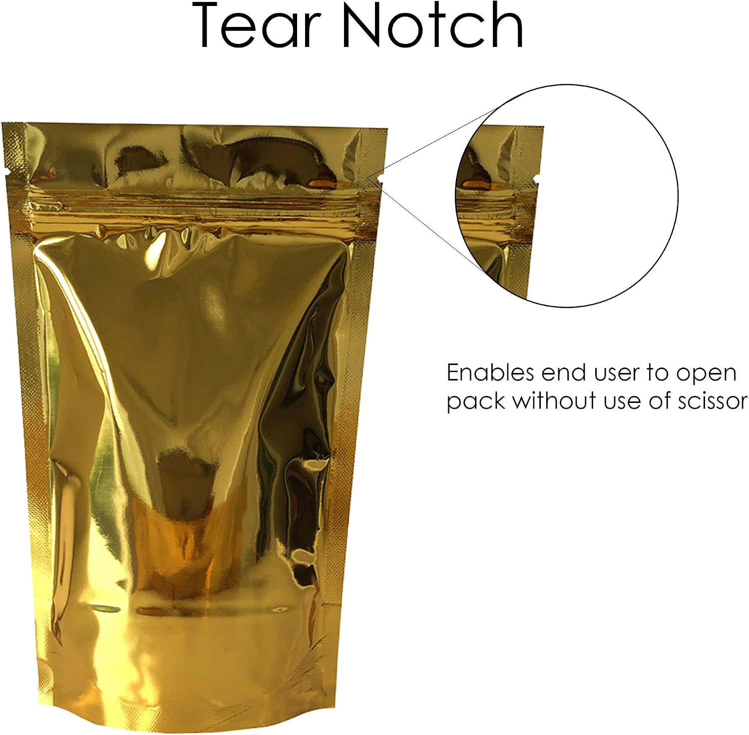 Rightpak Stand Up Pouches 50 Pieces 8cm x 13cm, Gold Shiny Heat Sealable Tear Notches Smell Proof for Food Storage With Ziplock - Image 5