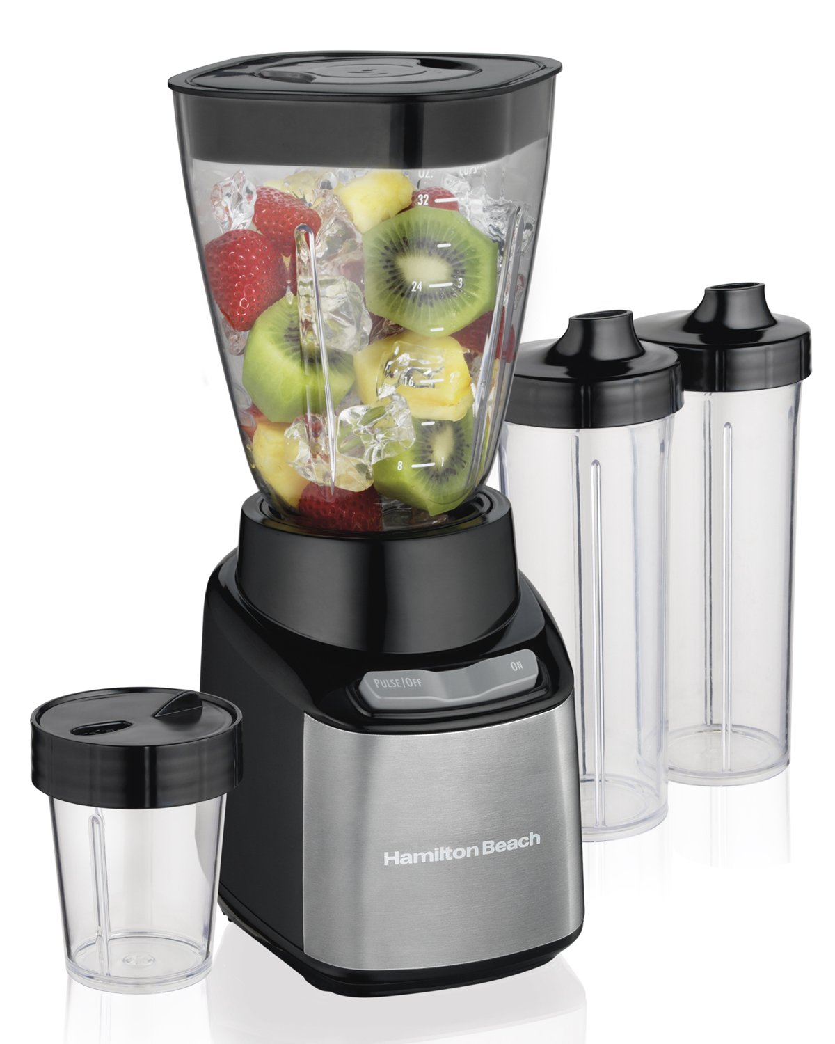 Hamilton Beach Stay or Go Full Size Blender Plus 2 Single Serve Portable Jars and 8-Oz Chopper, BPA Free (52400), 8 Piece Set, Black and Silver