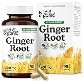Wild & Organic Ginger Root Capsules 1200 mg - Immune & Digestive Support - Natural Ginger Supplements - Zingiber Officinale Powder - 45 Days of Supply - Vegan, No Fillers, Non-GMO - 90 Count