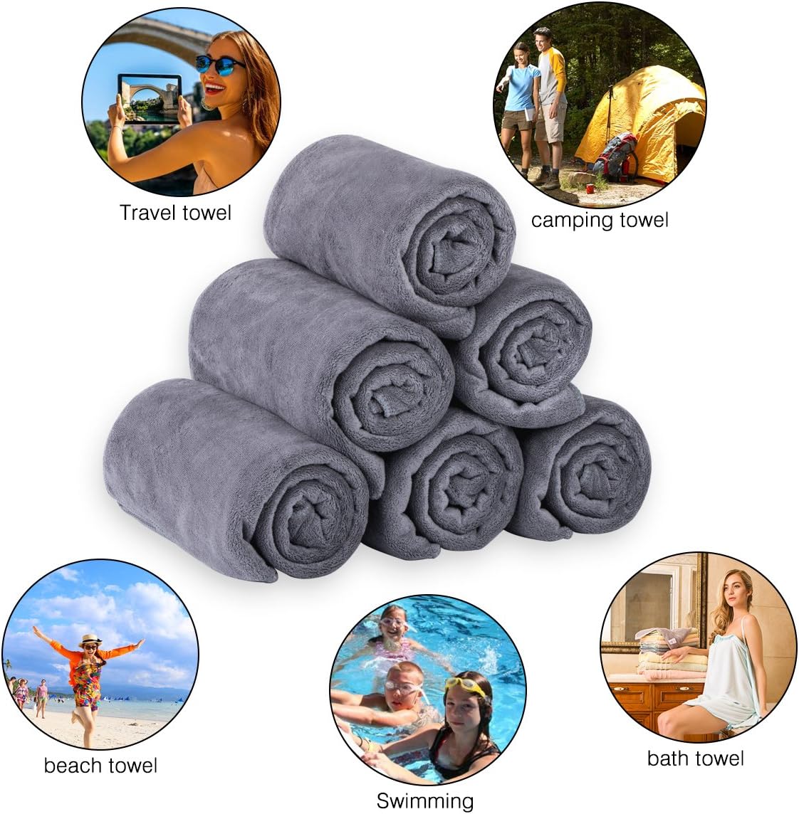 JML Microfiber Bath Towel Sets, 27" x 55" -Extra Absorbent, Fast Drying, Multipurpose for Swimming, Fitness, Sports, Yoga, 6 Pack-Grey: Home & Kitchen