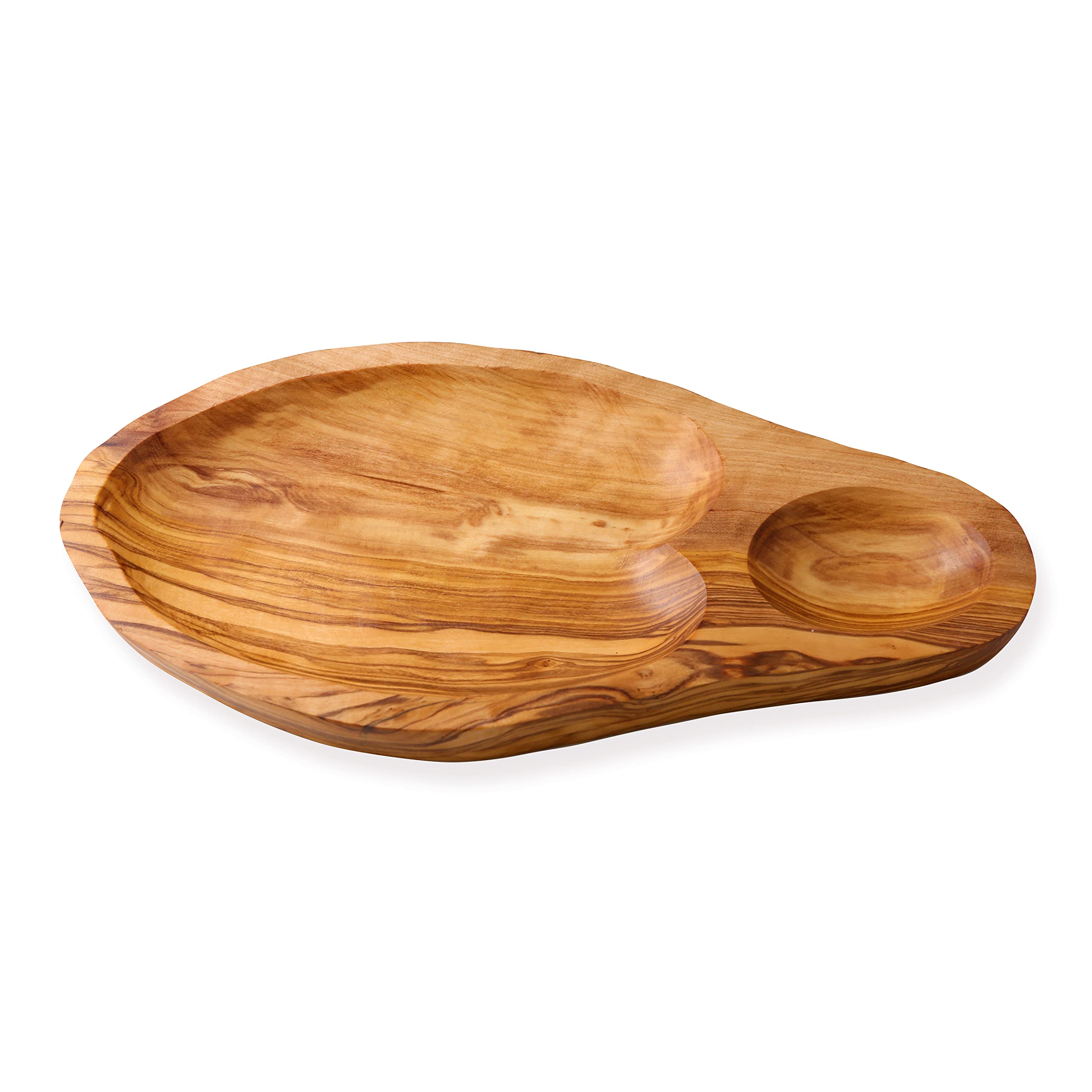 Cleminson Olive Wood Hand-Carved Appetiser and Tapas Dish with Dipping Section - 29 x 15 cm