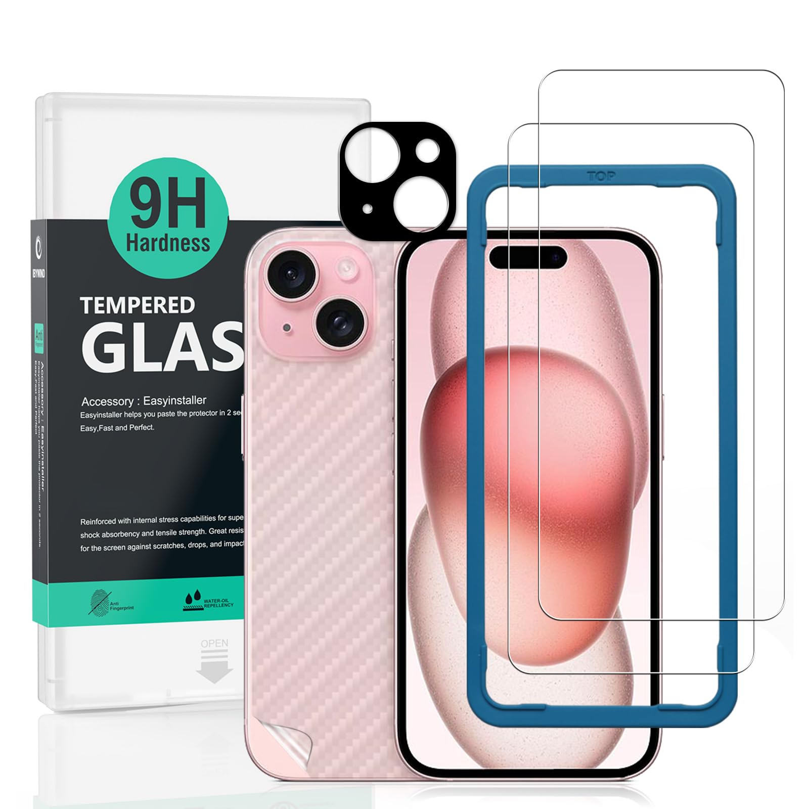 Ibywind 2 Pack Screen Protector Compatible with Apple iPhone 15 5G 6.1",9H Hardness Tempered Glass,With 1Pc Camera Lens Protector,1Pc Back Carbon Fiber Film,Easy to Install