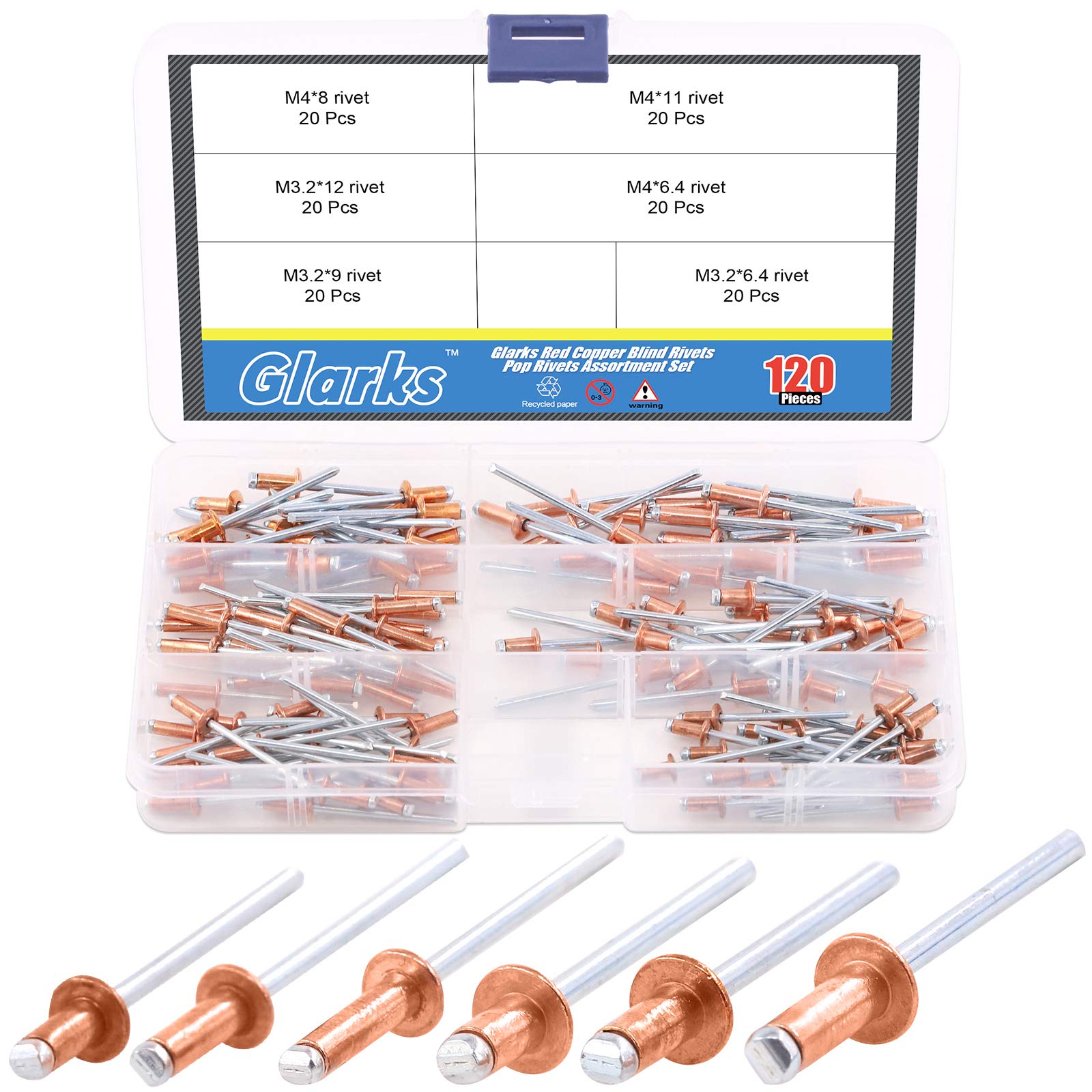 Glarks 120Pcs 6 Size Red Copper Blind Rivets Pop Rivets Assortment Set for Sheet Metal, Automotive, Railway, and Furnitures