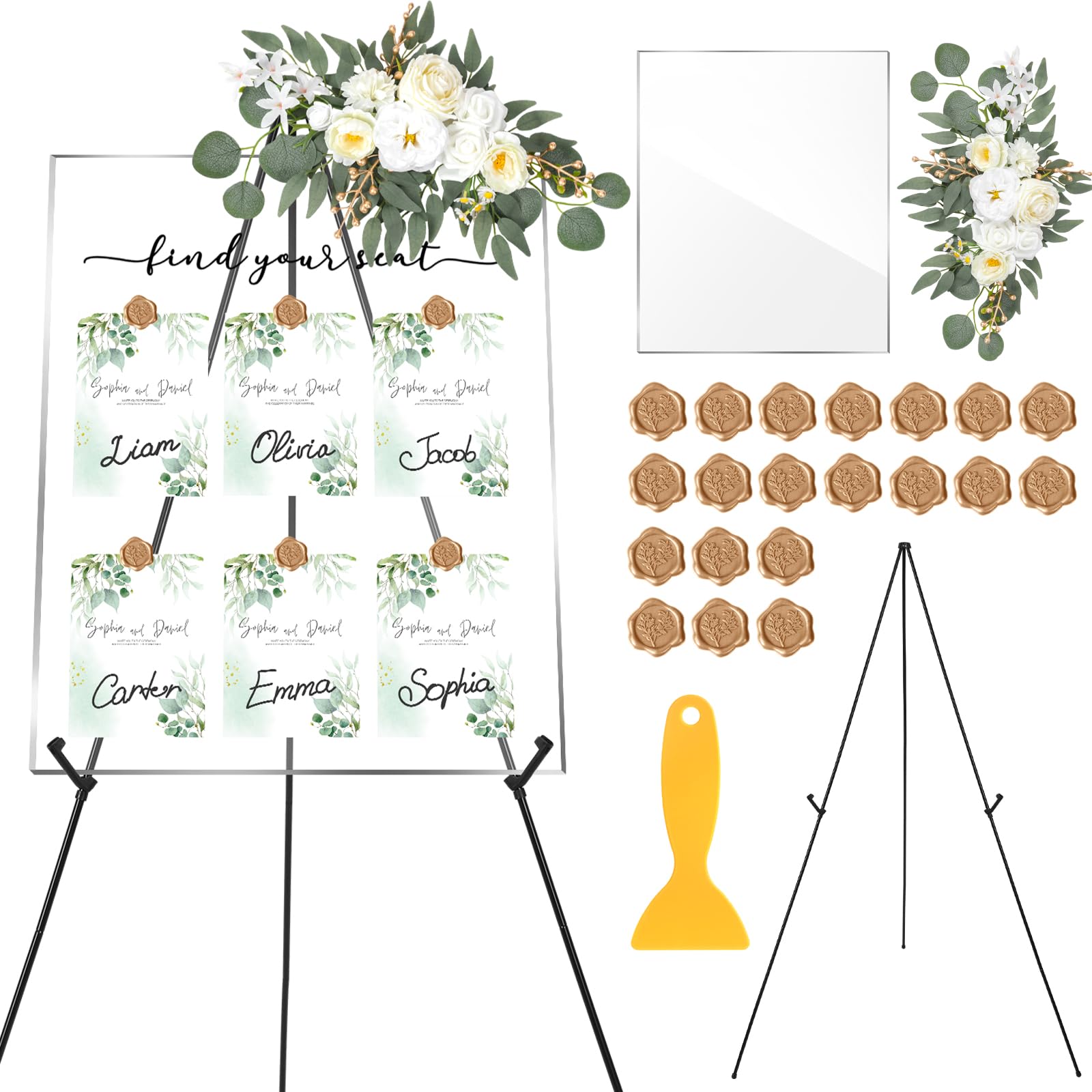 Photo 1 of ***DAMAGED - SEE NOTES/PICTURES***24 Pcs 24" x 20" Wedding Seating Chart Board Display Kits for Reception with Easel Stand Wedding Arch Flowers Please Find Your Seat Sign Acrylic Table Seating Chart Board