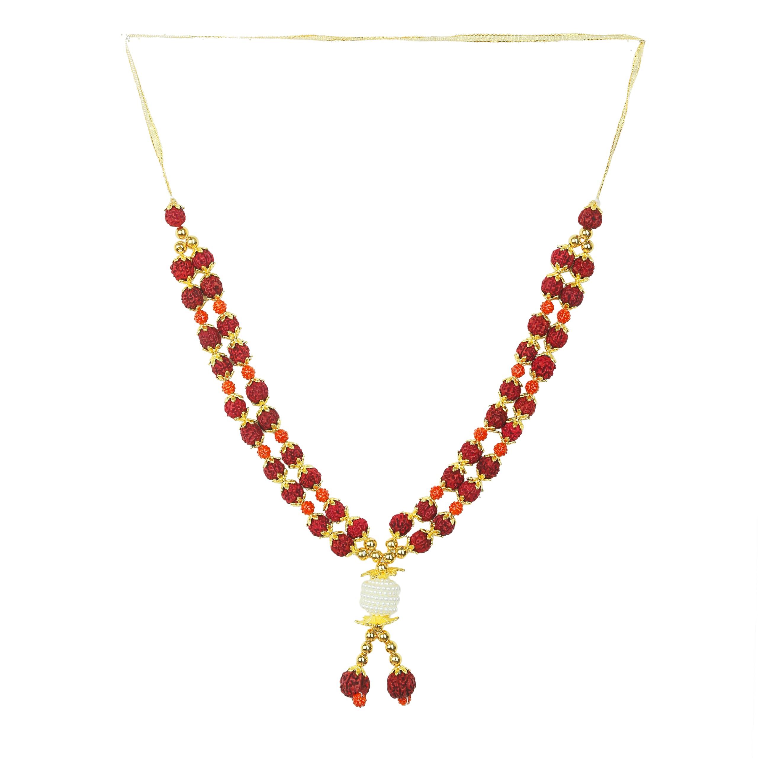 Artificial Mala Rudraksha Beads Ribbon Garland Large Mala for Idol-Mala God Statues Accessories Pooja Sringar Articles Ornament for Indian Traditional Ganesha Ganpati Decor (Size:-9")(Brown,Golden)