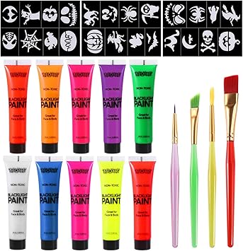 Toymytoy Makeup Neon Schminke Schwarzlicht Korperfarbe Neon Gesichtsfarbe Fluoreszierende Farben Mit Pinsel Und Schablonen Amazon De Spielzeug