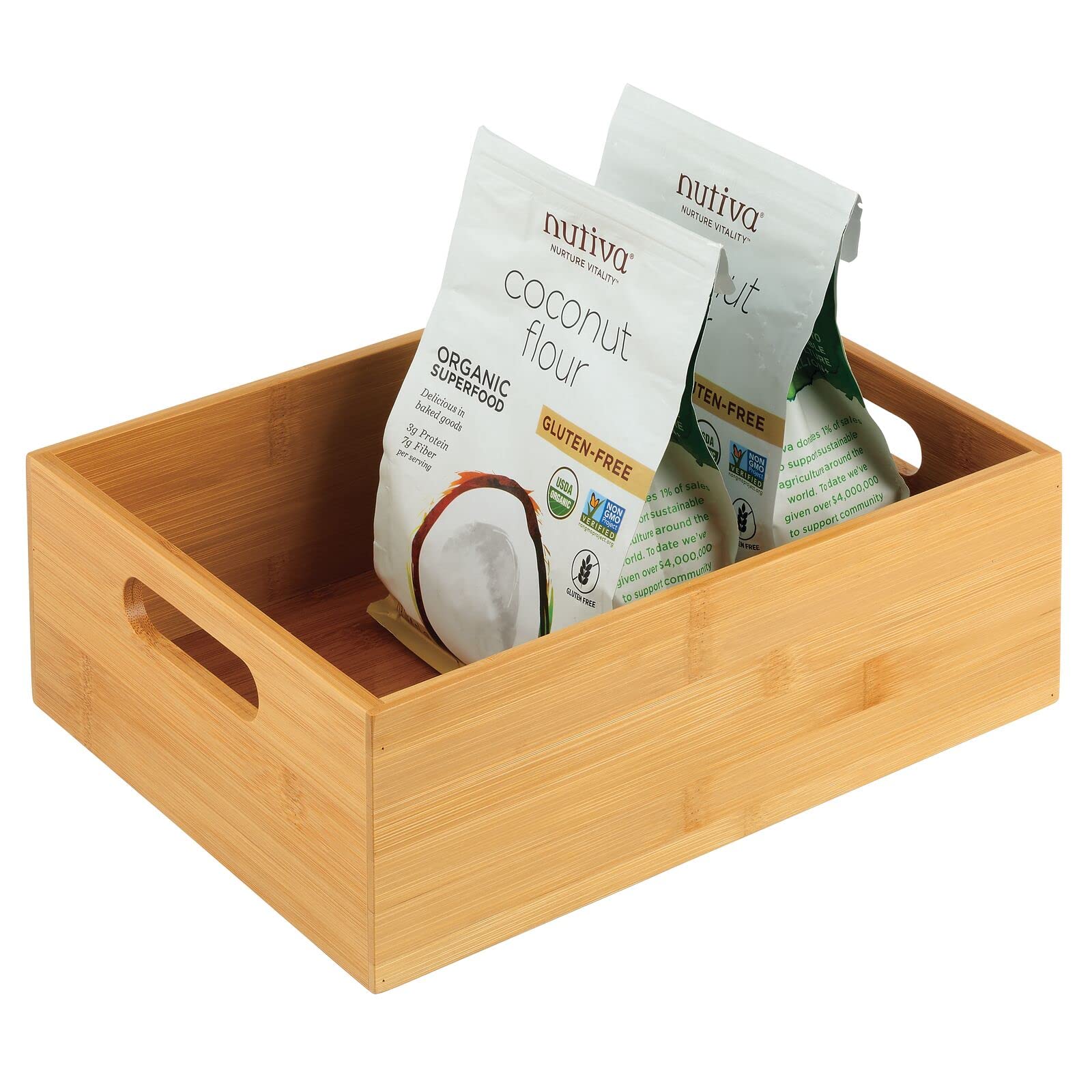 mDesign Kitchen Storage Box – Practical Storage Tray with Integrated Handles – Open Bamboo Kitchen Cupboard Organiser for Kitchen Utensils – Natural