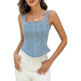 Ladyful Denim Corset Top for Women Square Neck Jean tank Tube Top Back Tie Spaghetti Strap Crop Denim Vest Cami