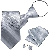 DiBanGu Silk Zipper Ties for Men,Paisley Solid Plaid Pre-tied Tie and Pocket Square Cufflinks Set Formal Adjustable Necktie