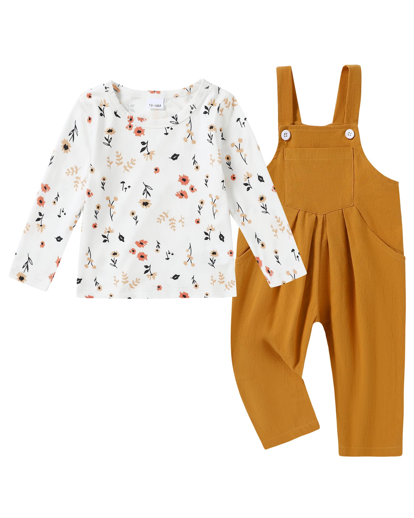 Photo 1 of ZOEREA Toddler Girl Clothes 1-5T Baby Girl Outfits Fall Winter Stripe Floral Long Sleeve Top+Bib Overall Pants 2Pcs Clothing(L Yellow-print,4-5T)