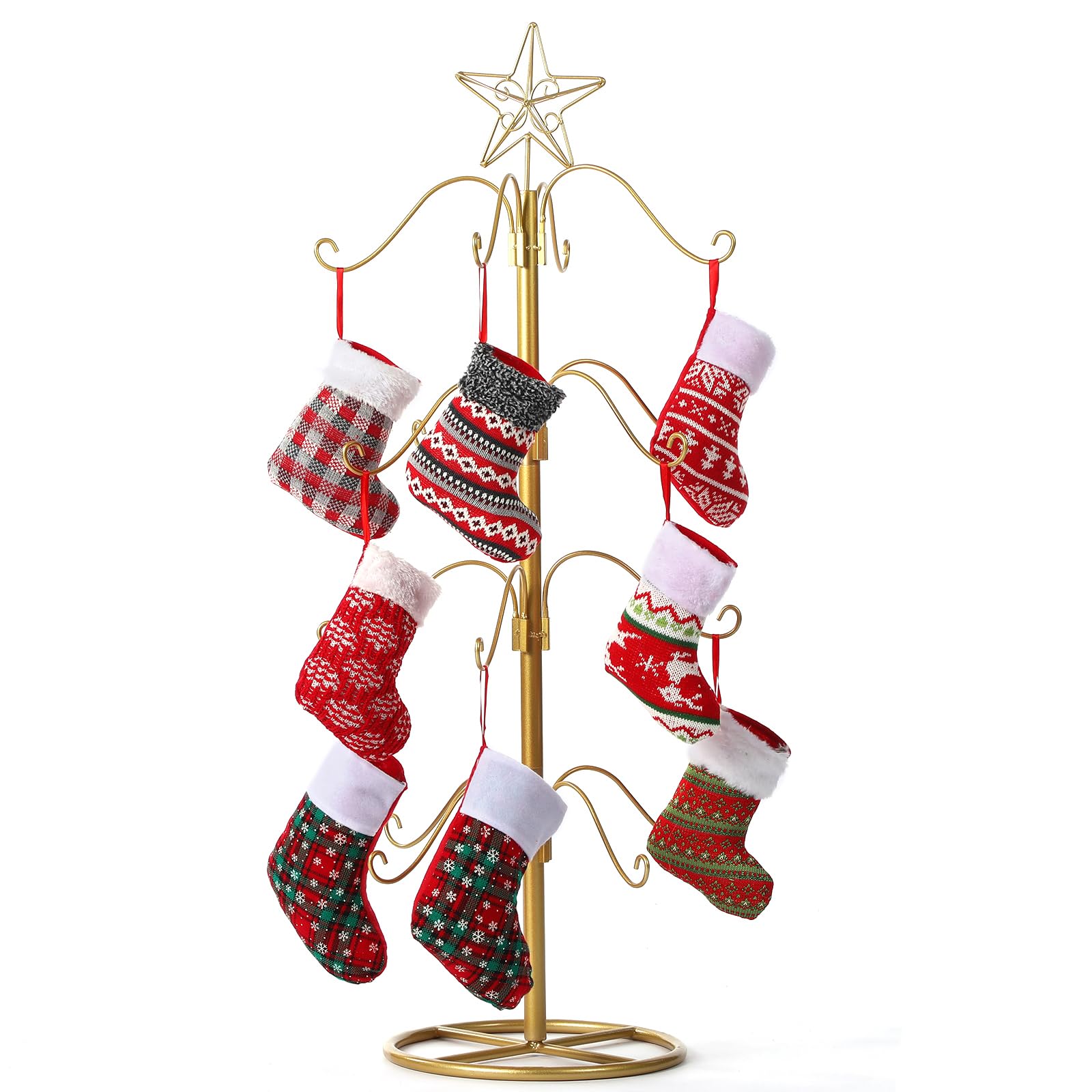 Photo 1 of Blulu Christmas Stocking Holder Tree Ornament 39 Inch Metal Display Tree Stand Ornament Christmas Stocking Hanging Display Stands Decor for Christmas Holiday Party Supplies Decoration(Gold, Gold)