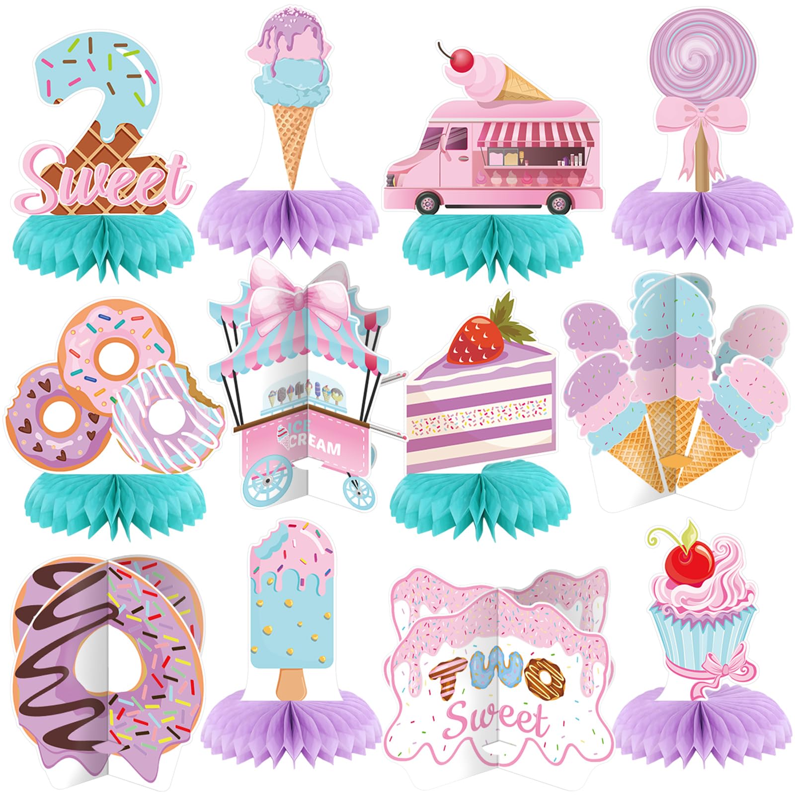 Photo 1 of 12 Pcs Donut Two Sweet Birthday Decoration Two Sweet Honeycomb Centerpiece Cute Ice Cream Cake Cupcake Donut Table Decoration for Birthday Dessert Theme Party Favors