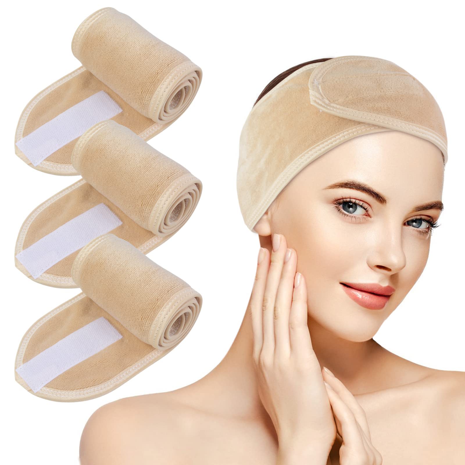 KinHwa Spa Facial Headband Adjustable Towel Headband Make Up Wrap Head Band for Face Washing, Shower, Yoga Sports 3 Pack Cream — image 1