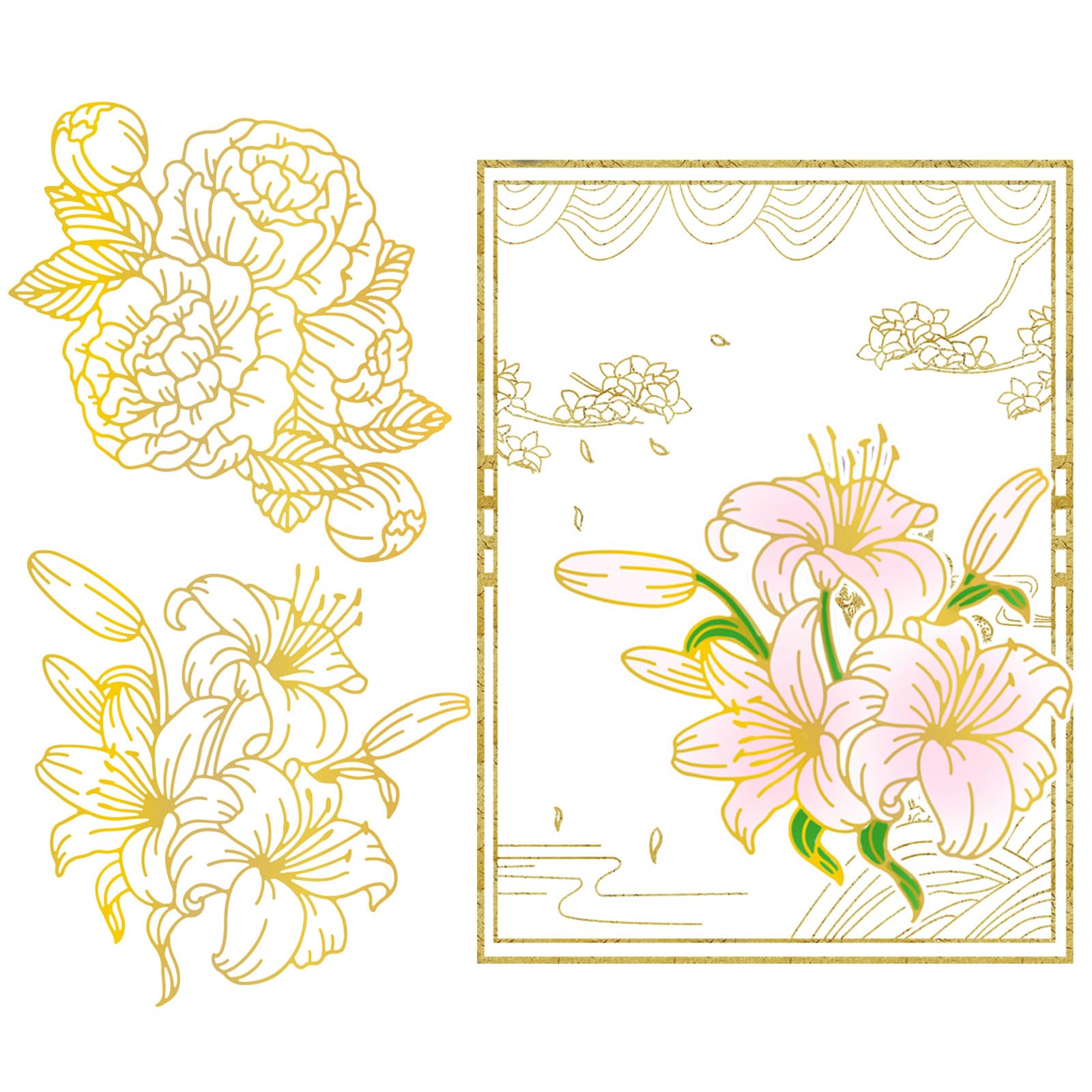 GLOBLELAND 2Pcs Peony Lily Flower Hot Foil Plate Leaves Metal Foil Plates Dies Emboss templates for Card Making DIY Scrapbooking Photo Album Decorative