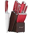 Emo joy Knife Set, 15-Piece Kitchen Knife Set with Block Wooden, Red Handle for Chef Knife Set, Kitchen Knives Sharpener and 