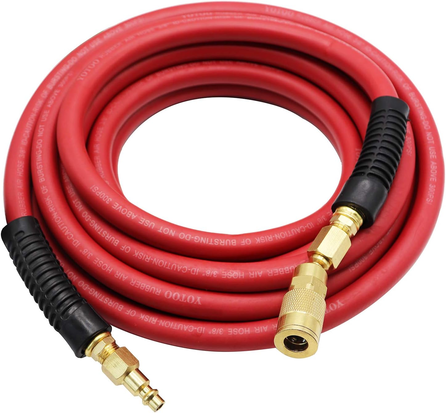 YOTOO Rubber Air Hose 3/8-Inch by 25-Feet 300 PSI with Bend Restrictor, 1/4-Inch Industrial Solid Brass Swivel Quick Coupler and Plug, Red - - 