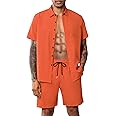 LecGee Men Summer Casual Short Sets Solid Short Sleeve Pocket Button Down Shirt Elastic Shorts 2 Piece Outfits Tracksuit