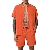 LecGee Men Summer Casual Short Sets Solid Short Sleeve Pocket Button Down Shirt Elastic Shorts 2 Piece Outfits Tracksuit