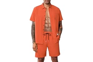 LecGee Men Summer Casual Short Sets Solid Short Sleeve Pocket Button Down Shirt Elastic Shorts 2 Piece Outfits Tracksuit