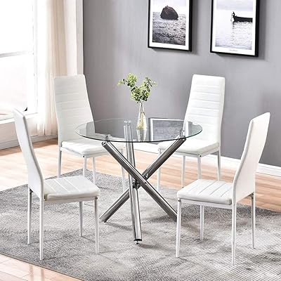 Nozama Round Glass Dining Table Set for 4, Kitchen Room