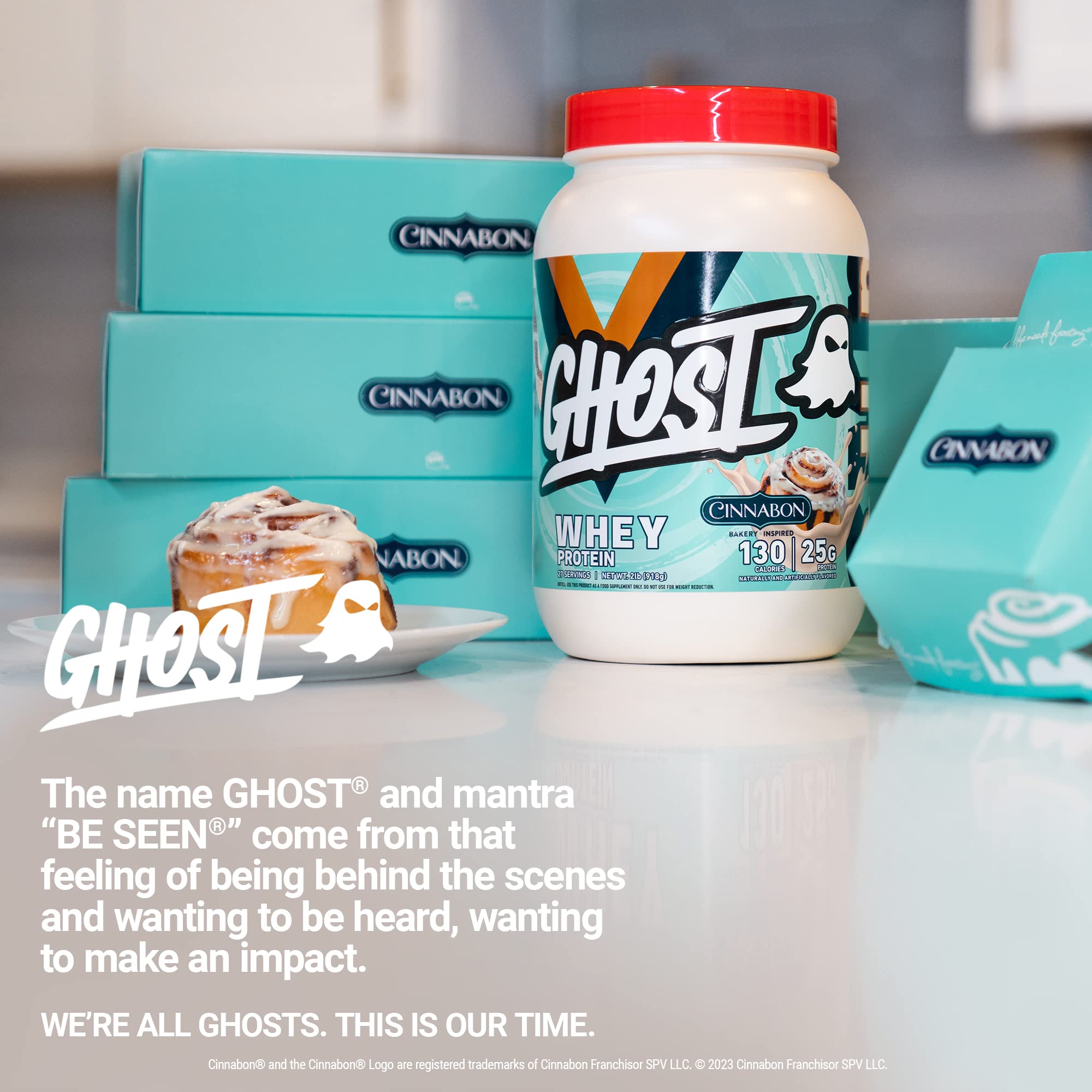GHOST Whey Protein Powder, Cinnabon - 2LB, 25G of Protein - Cinnamon Roll Flavored Isolate, Concentrate & Hydrolyzed Whey Protein Blend - Post Workout Shakes - Soy & Gluten Free