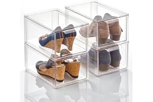 mDesign Plastic Closet Organizer Bin w/Pull Out Drawer - Stackable Storage for Closet - Organization for Shoes, Clothes, Bags, Totes, Small Linens, and More - Lumiere Collection - 4 Pack - Clear