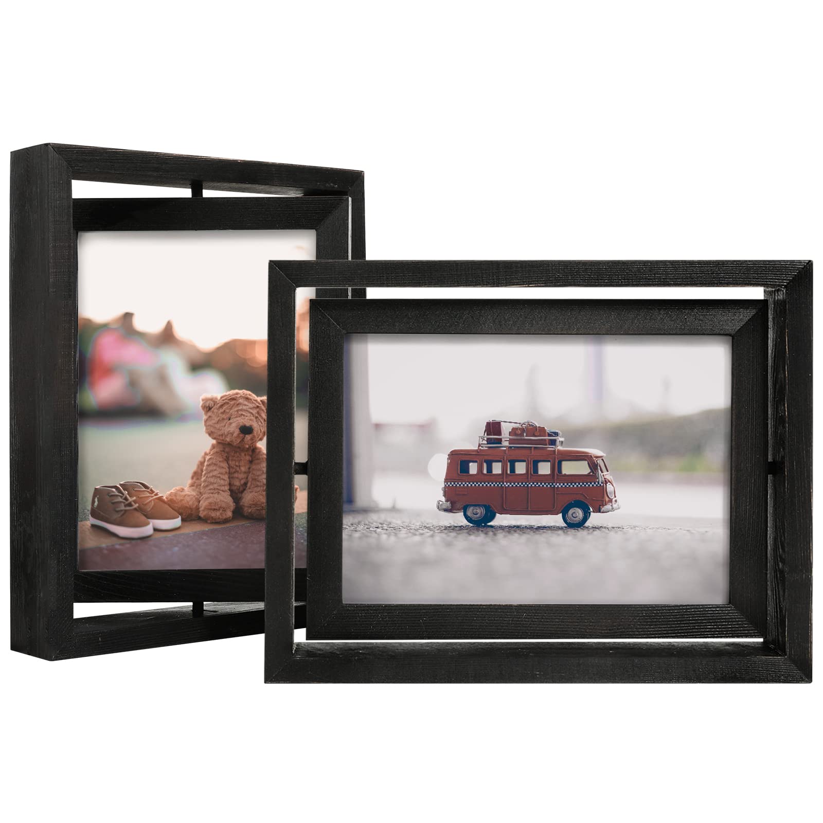 EGOFINE 2 Pack 7x5 Rotating Floating Picture Frames,Double-Sided Display with HD Glass Front Wooden Distressed Frame for Vertical or Horizontal Tabletop Display, Black