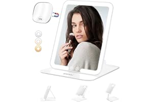 ESWU Travel Makeup Mirror with Light, Portable Folding Make Up Tabletop Mirror with 10X Magnifying Mirror Rechargable 3 Colors Light Compact Vanity Mirror with Adjustable Stand (White)