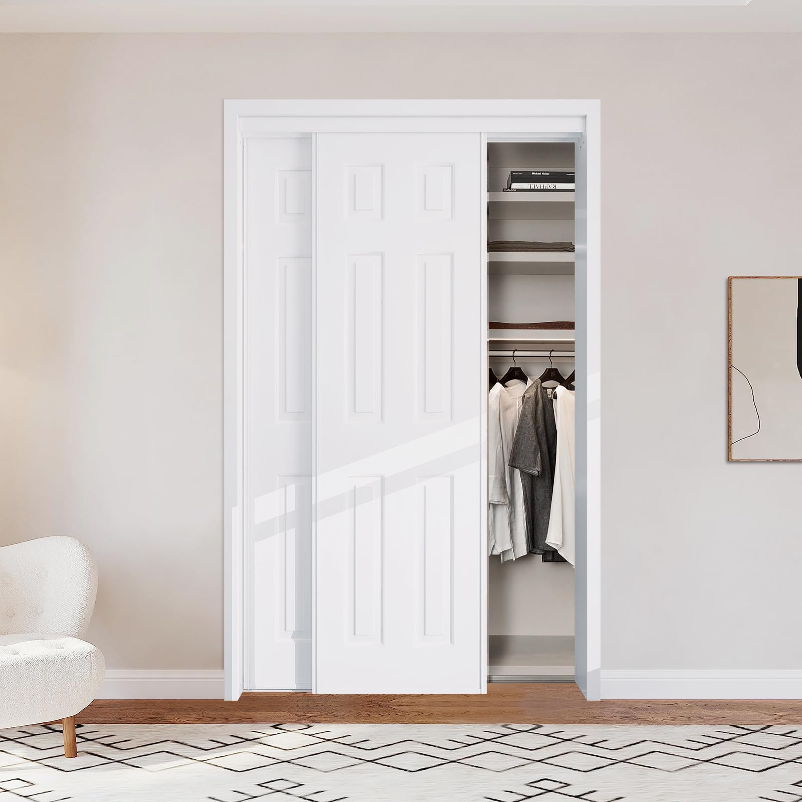 Photo 1 of BARNSMITH 48x80 in 6-Panel Bypass Sliding Closet Door, Steel Frame White Primed Bypass Door with Top & Bottom Track Hardware Kits, Paintable and Lightweight