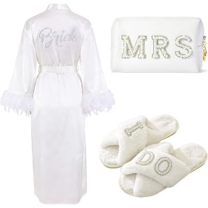 Tkifoda Bridal Shower Gifts Bride To Be Gift Set Bride Feather Robe Tote Bag I Do Slippers Cosmetic Bag for Wedding Day