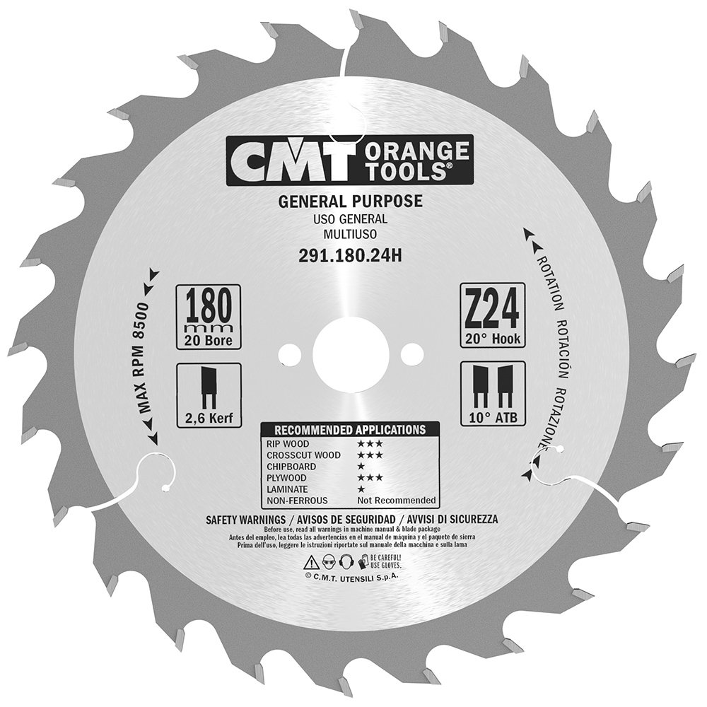CMT Orange Tools 291.180.24h – Circular Saw Blade 180 x 2.6 x 20 Teeth 24 ATB 20 Degrees