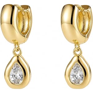 SHERLOVE Chunky Statement Gold Dangle Earrings Women Bezel Cubic Zirconia | 14K Gold Plated Huggie Hoop Drop,Dainty Trendy El