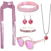 6 Pcs 70s Women Disco Accessories Disco Costume Disco Sequin Scarf Headband Diamond Bracelet Ball Necklace Earring Glasses