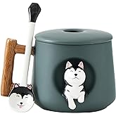 DIHOclub Ceramic Coffee Mug with Lid and Matching Spoon,Novelty 3D Husky Pattern Mug for Tea Milk Chocolate Juice,Cute Cup for Dog Lovers,Perfect Gifts-14 Ounces (green)