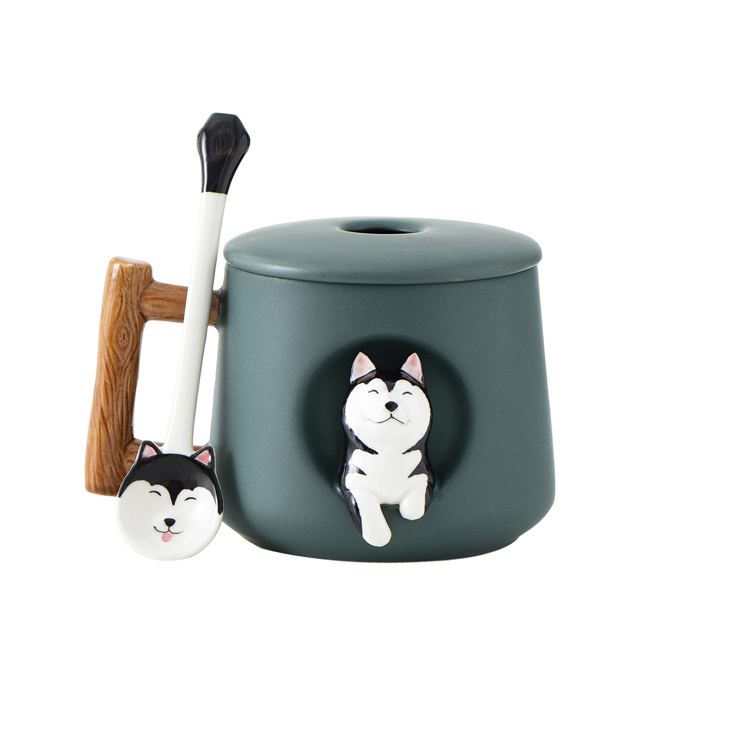 Photo 1 of DIHOclub Ceramic Coffee Mug with Lid and Matching Spoon,Novelty 3D Husky Pattern Mug for Tea Milk Chocolate Juice,Cute Cup for Dog Lovers,Perfect Gifts-14 Ounces (green)