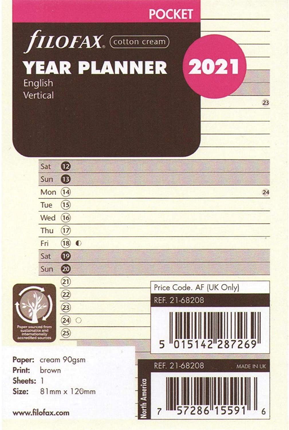 Filofax 2021 Calendar Insert Pocket Year Planner Cotton Cream