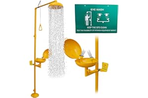 NERXERX Emergency Shower Eye Wash Station Safty Shower Combination Eye Wash Station with Shower, NPT Thread, 304 Stainless Steel+Yellow Coating with Emergency Sign First Aid Eyewash Station (Yellow)