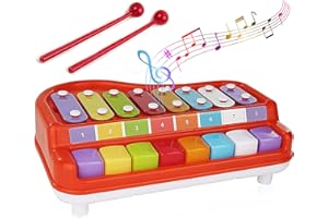 Toysery 2 in 1 Baby Piano Xylophone for Toddlers. Piano Toy Musical Instrument with 8 Multicolored Key Scales in Crisp and Clear Tones. Mallet Included. Ages 3 Years and above.
