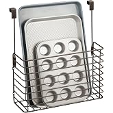 mDesign Over The Cupboard Hanging Storage Basket &ndash; Metal Bakeware Organiser and Cutting Board Holder &ndash; Excellent Kitchen Storage Solution &ndash; Bronze