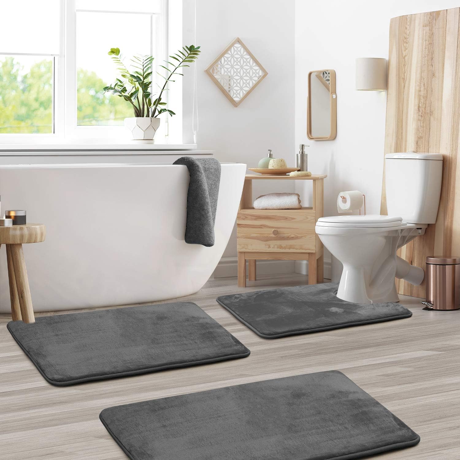 Clara Clark Memory Foam Bath Mat Ultra Soft Non Slip and Absorbent Bathroom Rug, Set of 3 - Small/Large/Contour, Gray, 3 Count: Home & Kitchen