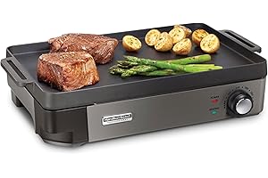 Hamilton Beach Professional Cast Iron Indoor Electric Grill & Griddle, 10" x 16" Preseasoned Cooking Surface, Adjustable Temp