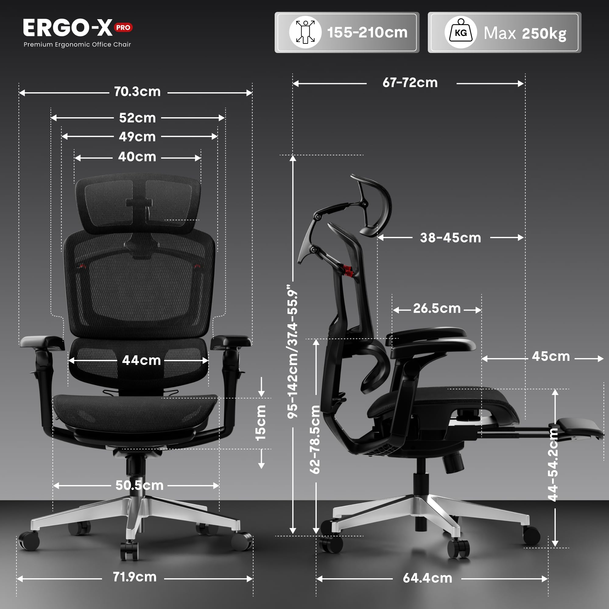 FLEXISPOT ErgoX Pro Ergonomischer Bürostuhl mit ausziehbarer Fußstütze, 12-stufiger Höhenverstellung, 7D-Armlehnen, 5D-Lendenstütze, 4D-Kopfstütze, 250 kg Belastbarkeit Netzsitz (Schwarz) 4