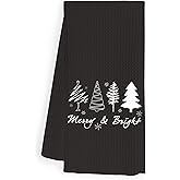 WFSM Black and White Christmas Kitchen Towels, Merry and Bright Christmas Dish Towels Tea Towels for Kitchen, Christmas Tree Hand Towels for Bathroom, Christmas Bathroom Kitchen Decor, 16x24 Inch