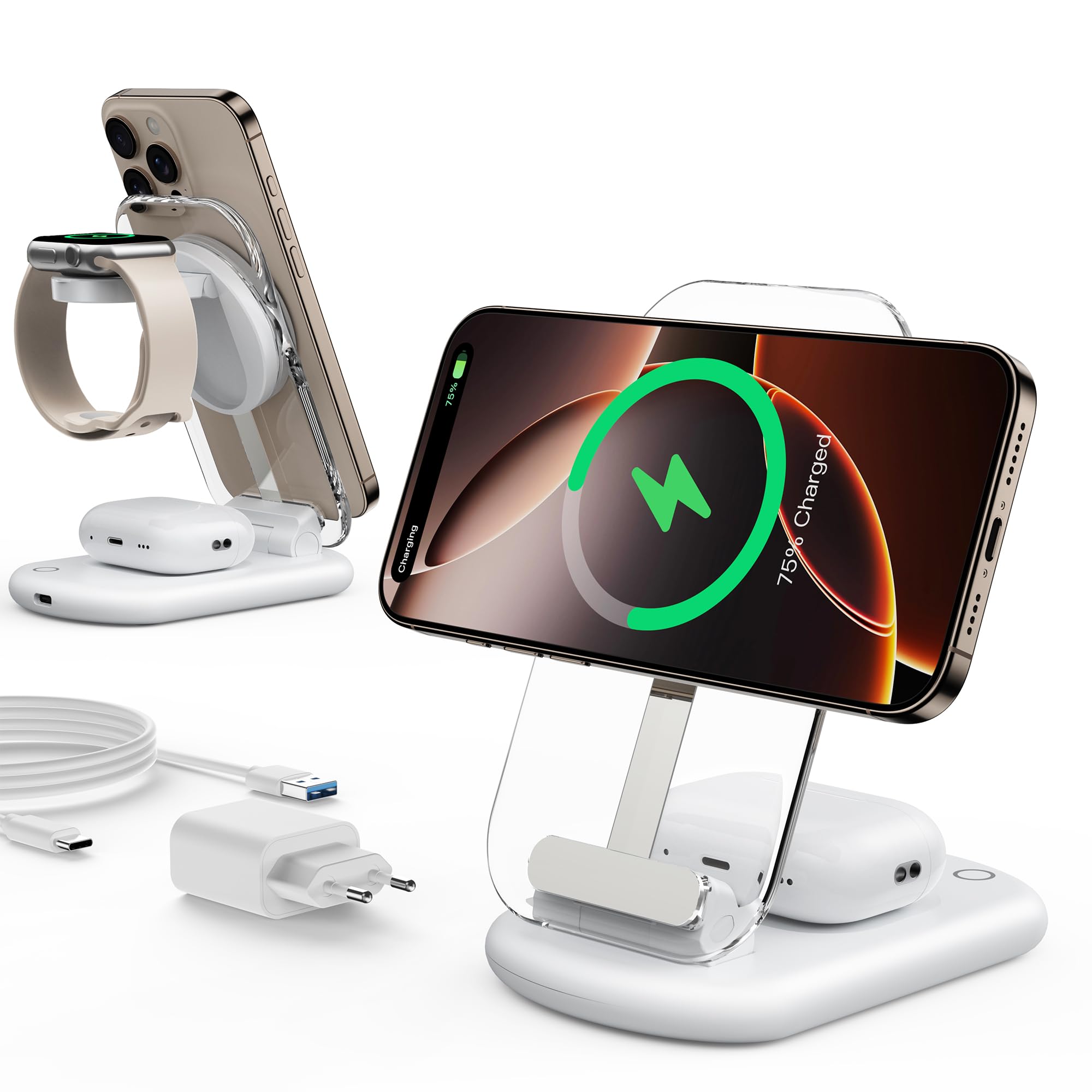 Mag Safe Ladegerät, Ladestation Apple Watch und iPhone, 3 in 1 Mag Safe Ladestation Kompatibel mit iPhone 17e 17 16 15 14 13 12 Pro Max/Air/Plus/Pro, für Apple Watch 10/9,Airpods 3/2/Pro,faltbar